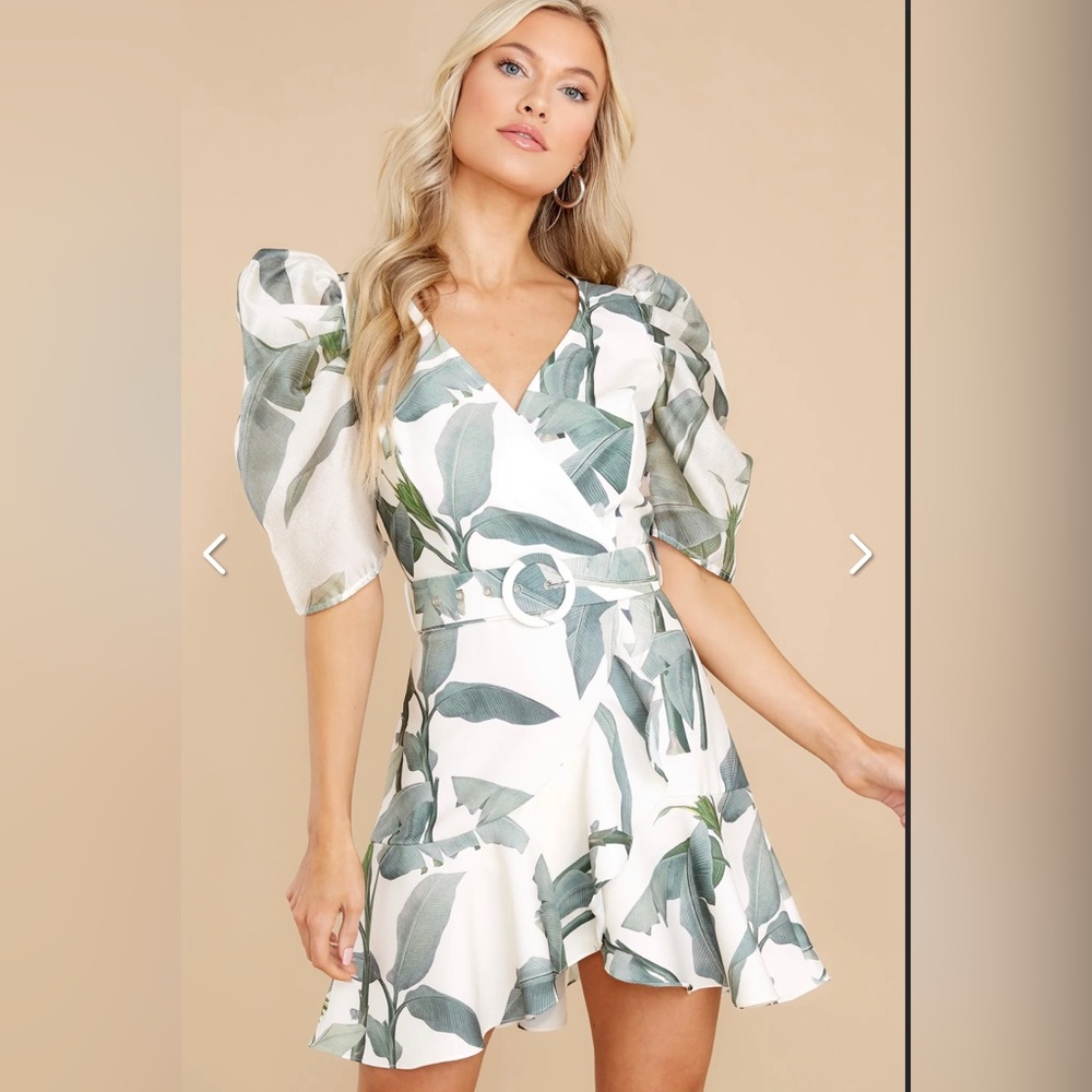 NWOT: Red dress boutique Dancing Under The Palms White And Sage Leaf Print Dress